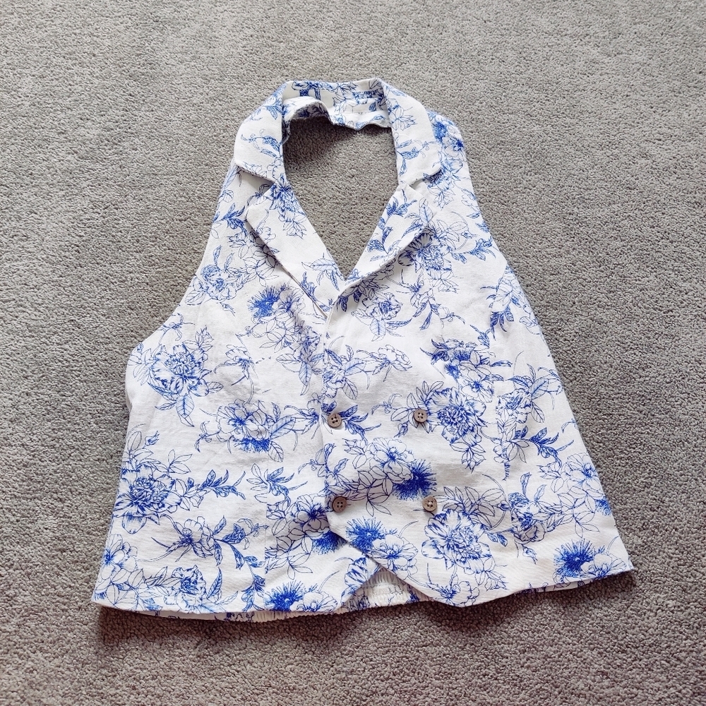Jason Wu Women Halter Double Breasted Vest Blue White Floral Linen Size 8 Boho